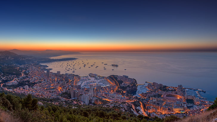 cityscape near sea wallpaper, Monaco, sunset, horizon, sky, architecture