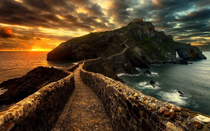 brown stone wall, nature, landscape, sunset, path, sea, clouds, HD wallpaper