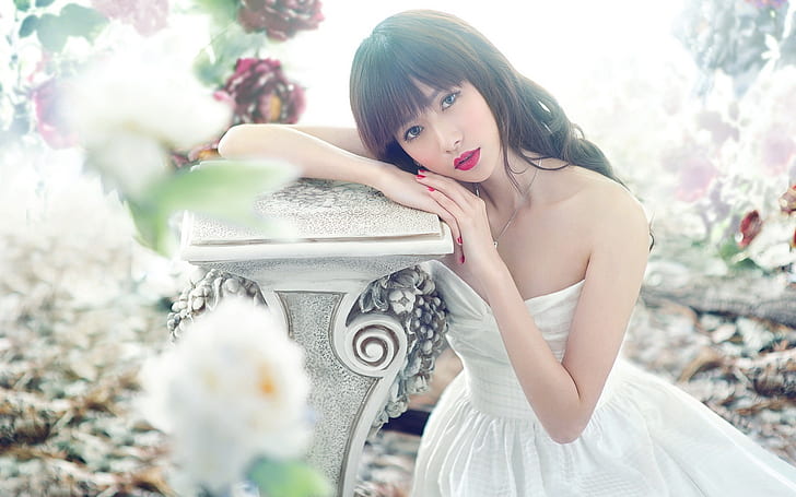 White dress Asian girl, red lip, posture, flowers