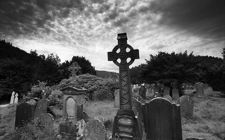Glendalough, Co. Wicklow, Ireland, blackandwhite, cemetery, clouds, HD wallpaper