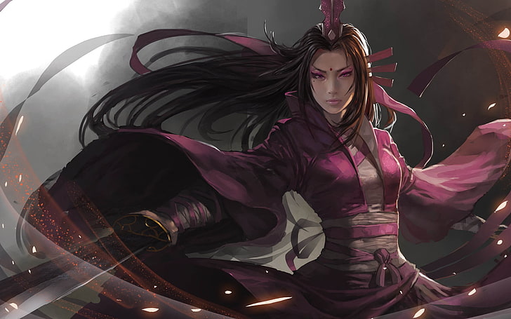 woman in purple dress anime character poster, digital art, sword
