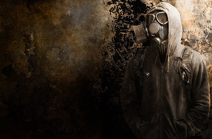 gas masks, people, indoors, work helmet, waist up, adult, clothing, HD wallpaper