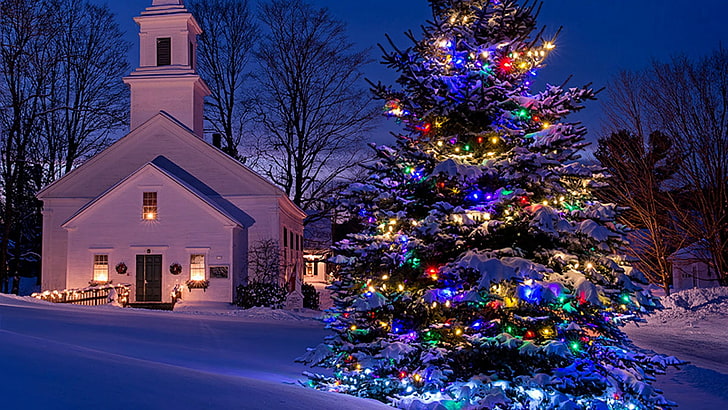 church, christmas tree, winter, christmas decoration, snowy, HD wallpaper
