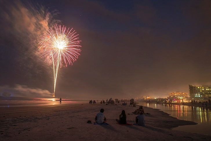 Jacksonville, beach, fireworks, Independence Day, Florida, water, HD wallpaper