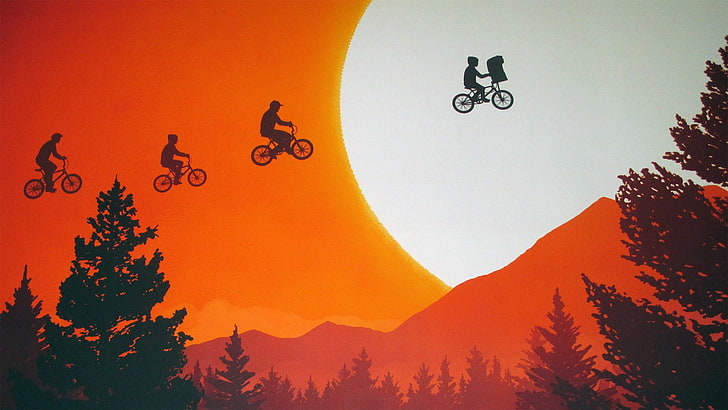orange and black floral print textile, E.T., movies, sunset, bicycle, HD wallpaper