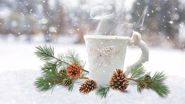 evergreen, cafe, christmas decoration, cup, mug, twig, pine, HD wallpaper