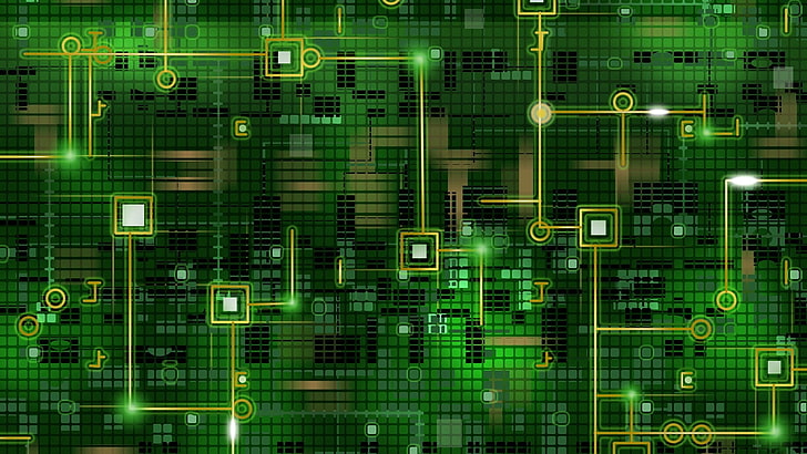 chip, grid, background, black, green, line, circuit, technology, HD wallpaper