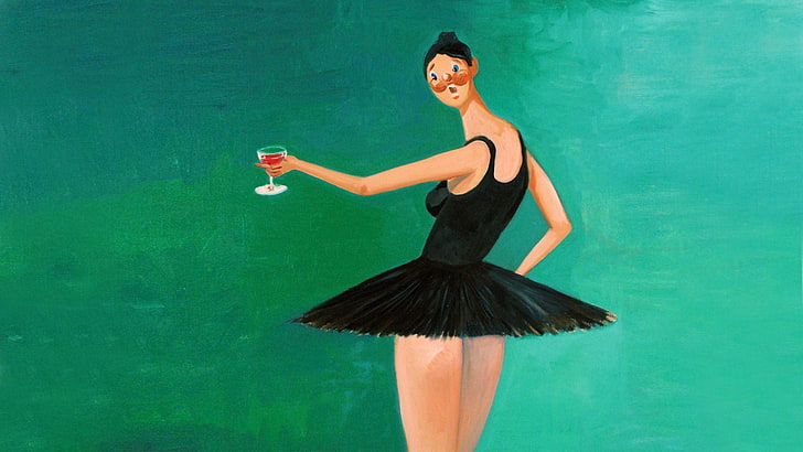 woman in black tutu dress holding wine glass painting, hip hop