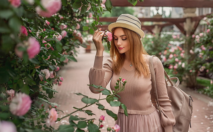 girl, flowers, mood, roses, hat, red, redhead, the bushes, A Diakov George, HD wallpaper