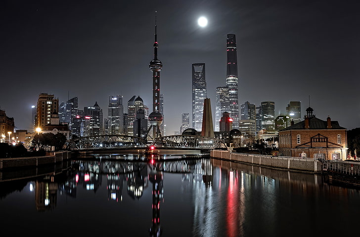 Oriental Pearl tower, Shanghai China, urban, city, night, architecture