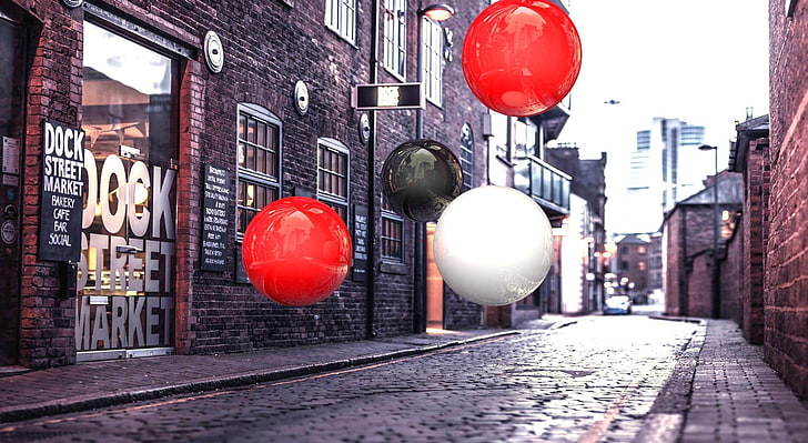 Realistic 3D Spheres On Street, red, black, and white balloons