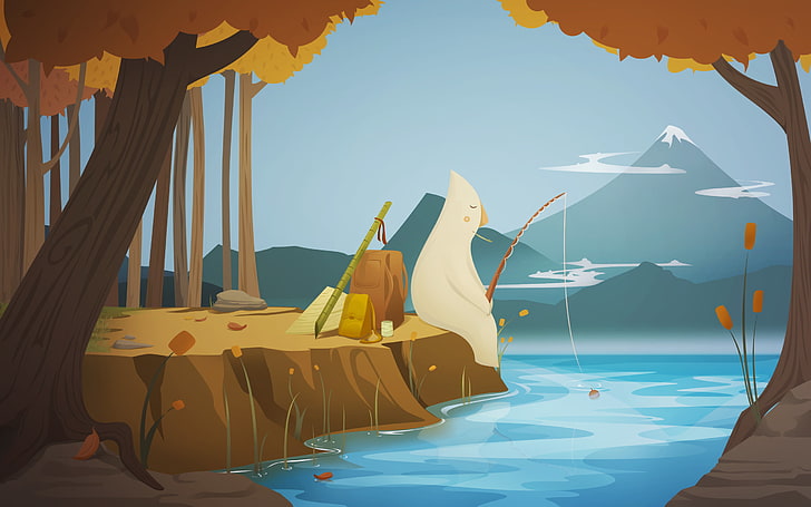 person fishing illustration, polar panda fishing on river beside tree painting