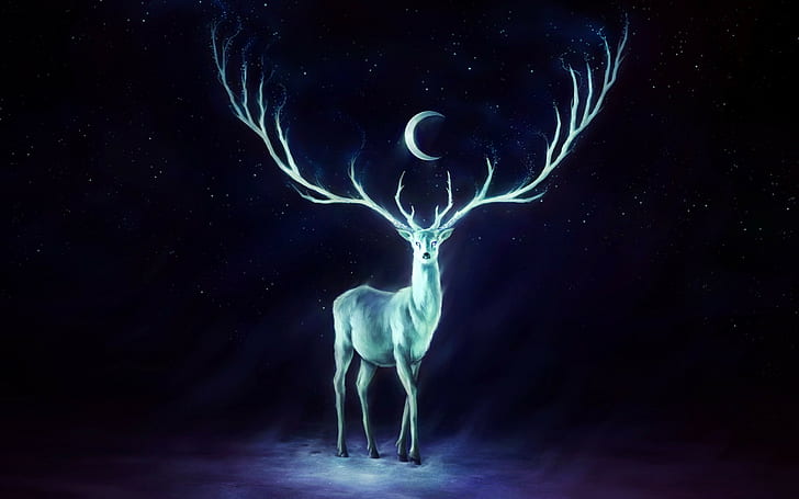 deer, antlers, artwork, animals, painting, crescent moon, fantasy art