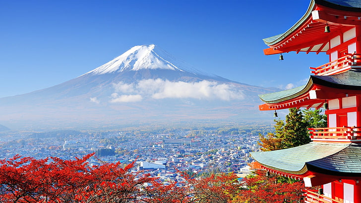 Mount Fuji, Japan, mountains, Asian architecture, building, nature