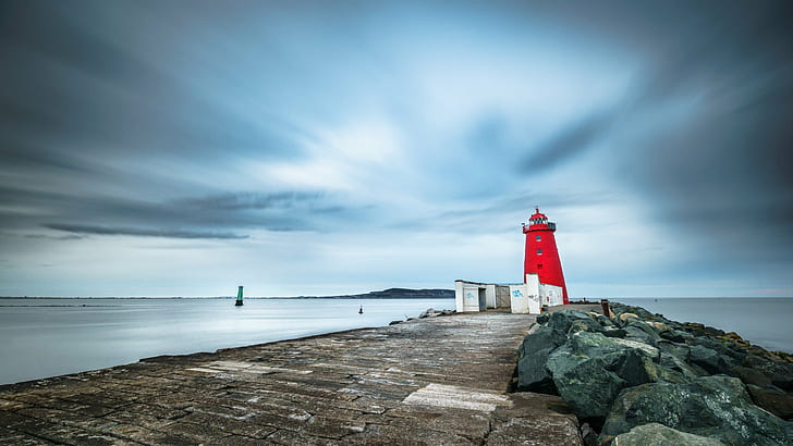 red lighthouse on concrete dock end, dublin, ireland, dublin, ireland, HD wallpaper