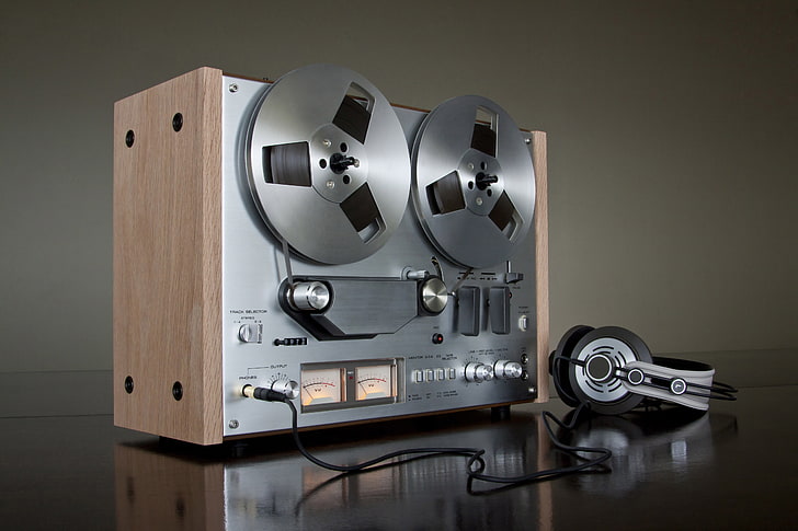 gray and brown reel to reel tape recorder, retro, music, headphones