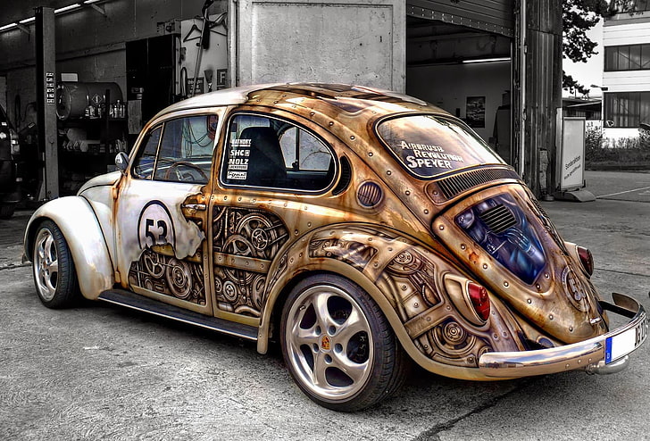car, gears, old car, steampunk, Volkswagen Beetle, mode of transportation, HD wallpaper