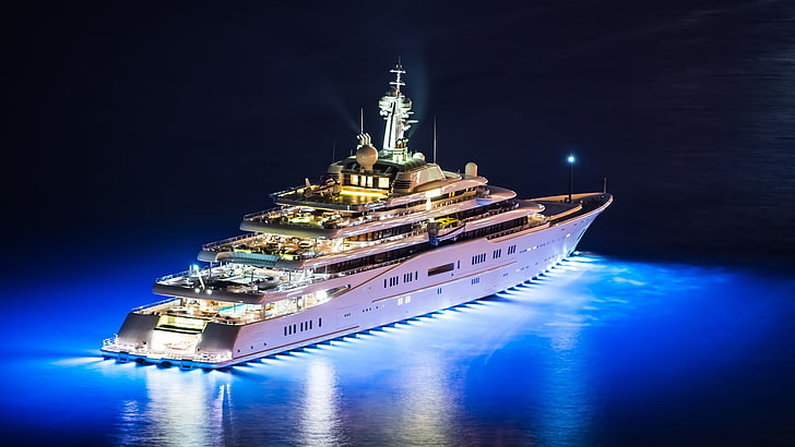 white cruise ship, water, sea, yachts, night, lights, reflection