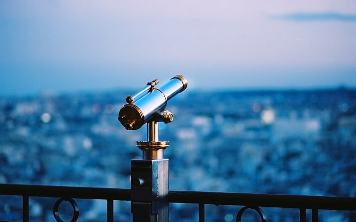 stainless steel telescope, city, evening, form, structure, binoculars, HD wallpaper