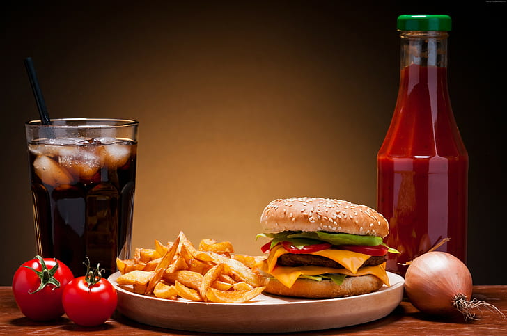 ketchup, cheeseburger, french fries, ice, onion, steak, coca-cola