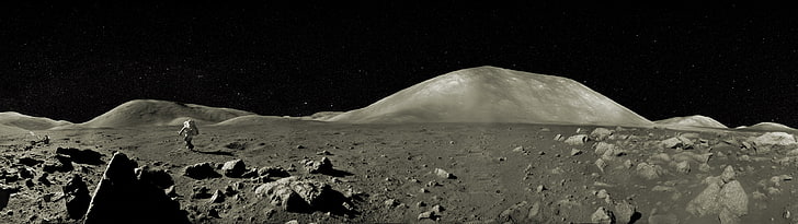 brown rock, multiple display, landscape, Moon, astronaut, mountain, HD wallpaper