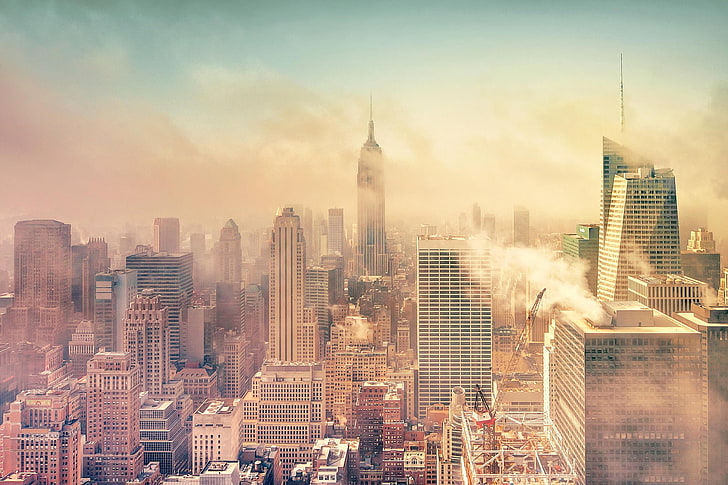 Empire State building, city, sky, morning, smoke, New York City, HD wallpaper