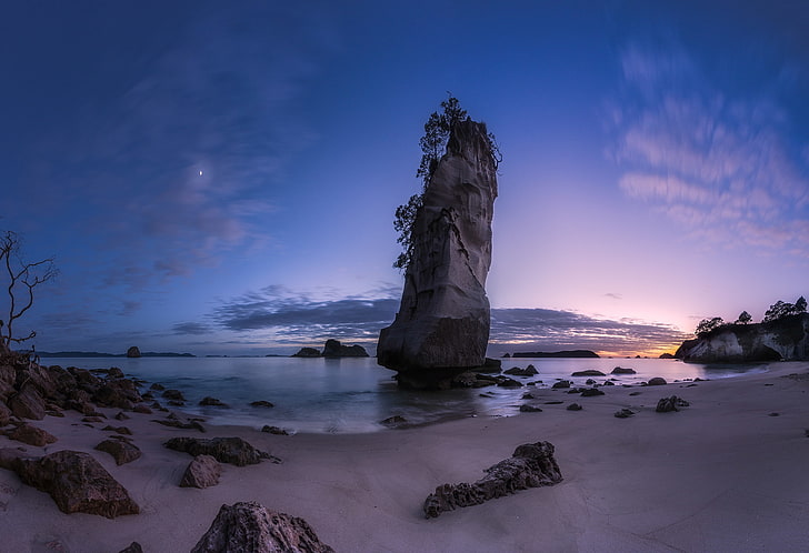 beach, landscape, rock, stones, the ocean, dawn, twilight, Cathedral Cove