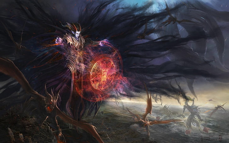 magical demon digital wallpaper, mage, shield, attack, abstract