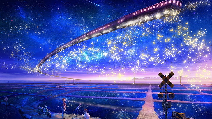 anime landscape, scenic, fantasy, flying train, stars, night