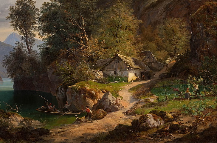 painting of people near cabin beside lake, pastoral, cottage
