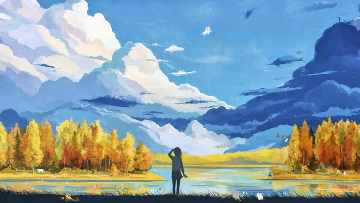 artwork, anime girls, fall, sky, clouds, cyan, yellow, lake