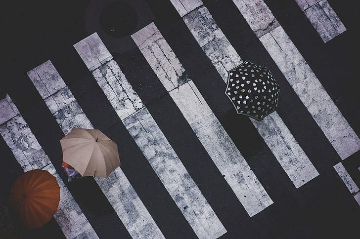 three assorted-color umbrellas, photography, Japan, street, aerial view