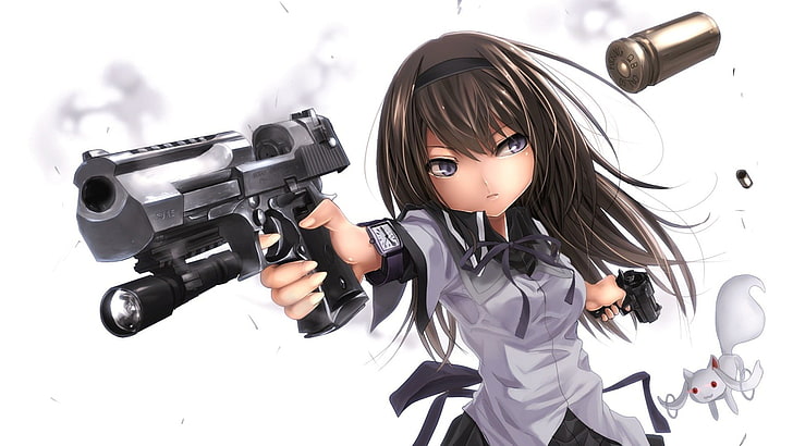 black haired girl anime character, gun, anime girls, Mahou Shoujo Madoka Magica, HD wallpaper