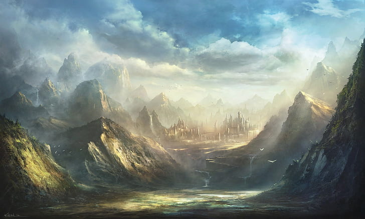 plateau, mountains, fantasy art, castle, fantasy city, HD wallpaper