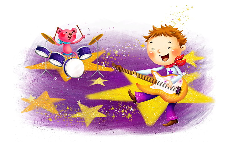 boy playing guitar and bear playing drums illustration, baby