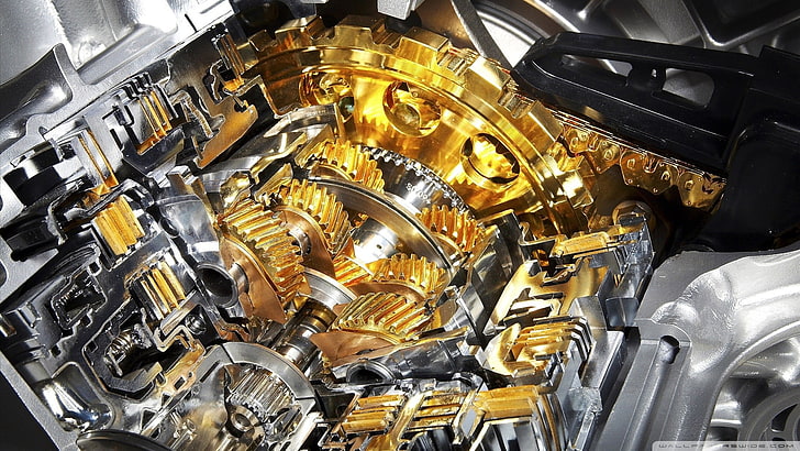 gold and chrome gear, Transmission, Gearbox, metal, high angle view, HD wallpaper