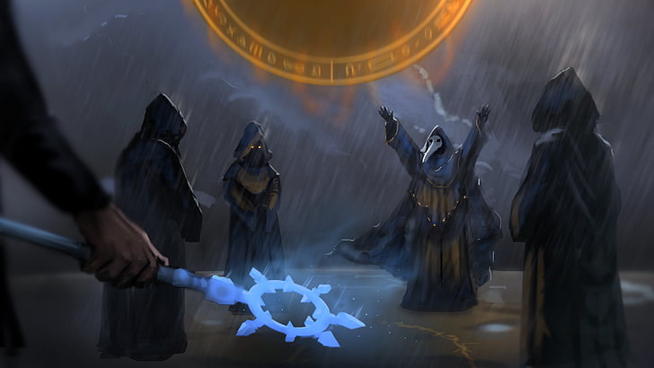 four persons wearing cloaks wallpaper, wizards in cloaks gathering game scene wallpaper