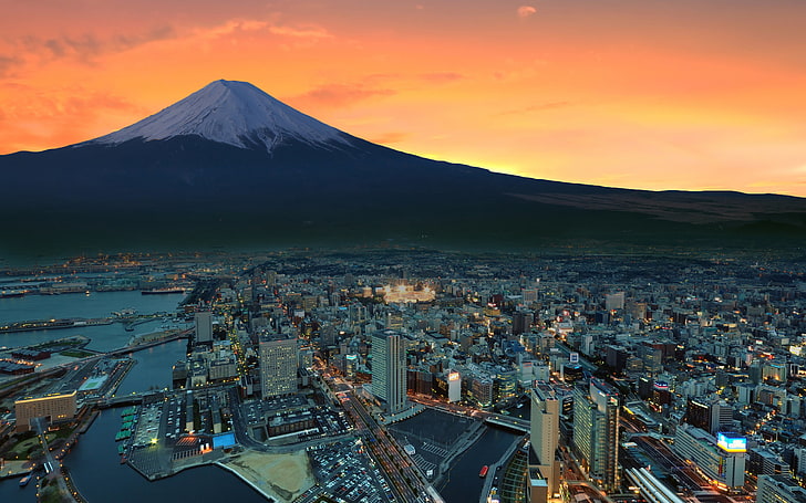 aerial photography of sky scrapers wallpaper, Mount Fuji, sunset, HD wallpaper