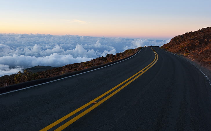 Road, mountains, rocks, sky, clouds, horizon