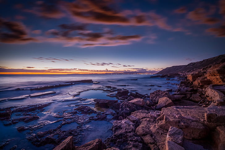 beach coast line near rock formation, sunset  beach, mallorca, HD wallpaper