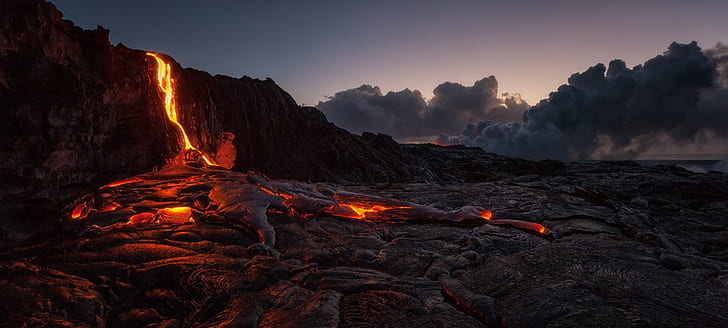 clouds, rocks, lava, island, smoke, volcano, volcanic eruption, HD wallpaper