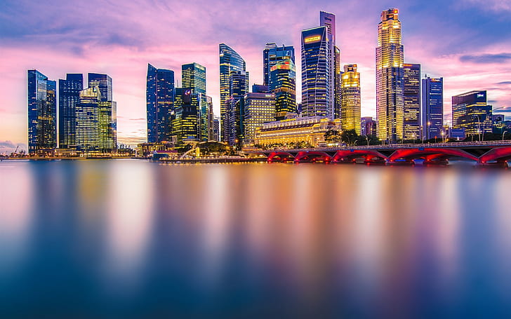 Beautiful city, Singapore, evening, lights, skyscrapers, bridge, bay, HD wallpaper