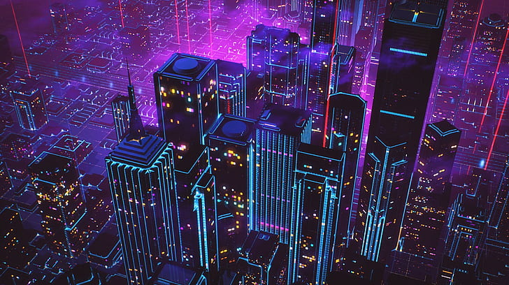 purple and blue buildings wallpaper, aerial city skyline, cityscape, HD wallpaper