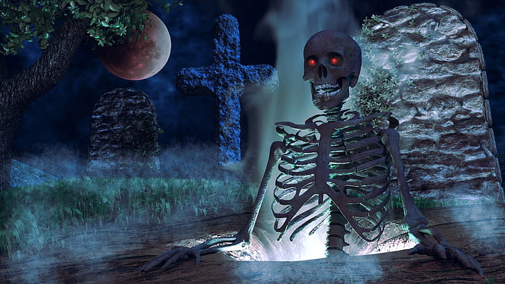 halloween, red eyes, scary, spooky, cemetery, gravestone, full moon, HD wallpaper