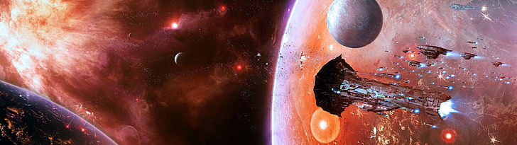planets and spacecrafts digital wallpaper, EVE Online, multiple display