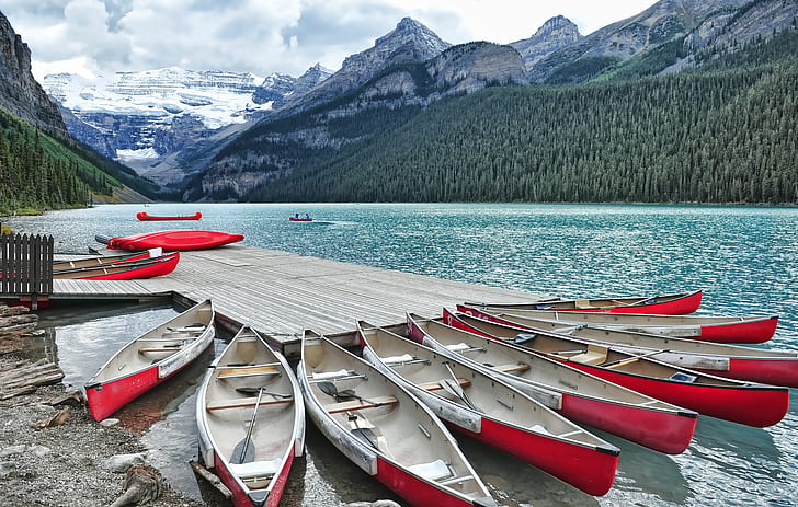 mountains, Marina, Canada, Albert, Alberta, Lake Louise, Canoeing, HD wallpaper