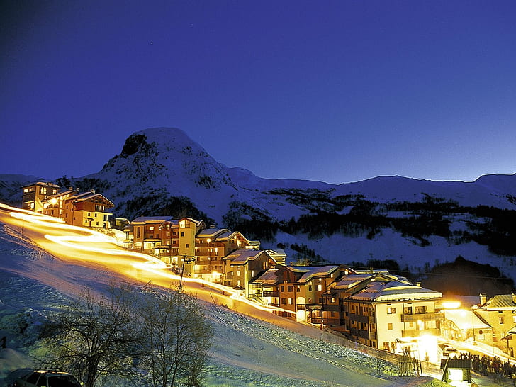 ski resort savoie france blue lights Night photography Ski Resort Savoie Resorts snow travel HD