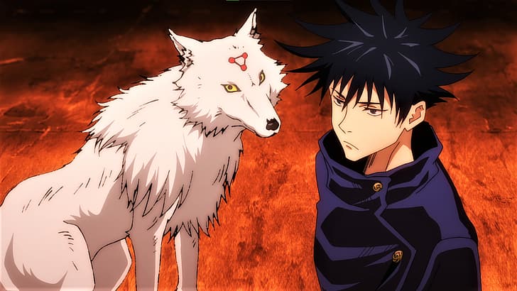 Jujutsu Kaisen, dog, wolf, yellow eyes, Megumi Fushiguro, uniform, HD wallpaper