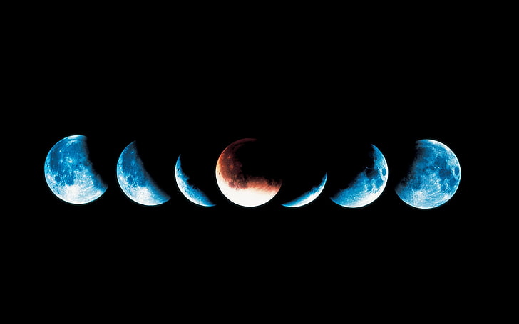 space, Moon, moon phases, Blood moon, cyan, black background, HD wallpaper