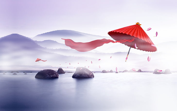 red umbrella, Chinese, digital art, landscape, water, sky, scenics - nature